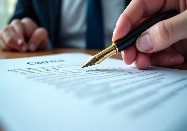 Close up of a legal professional reviewing a complex document with a fountain pen